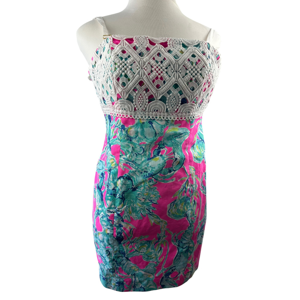 Lilly Pulitzer Brynn Strapless Dress Lobsters In Love Razz Crochet Shift Size 8 - Picture 5 of 16